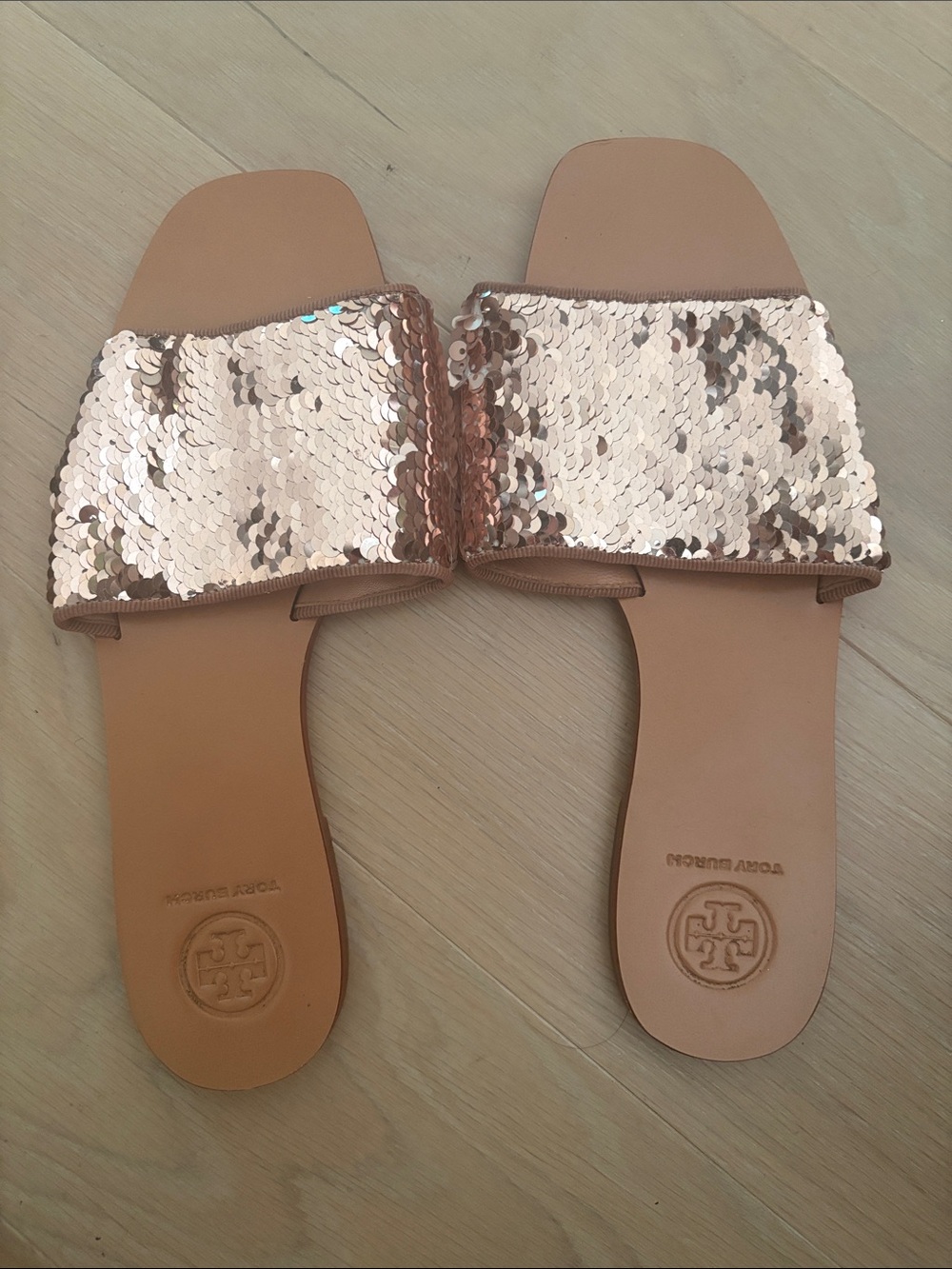 Tory Burch Rose Gold Sequin Slide Sandals with Tan Footbed